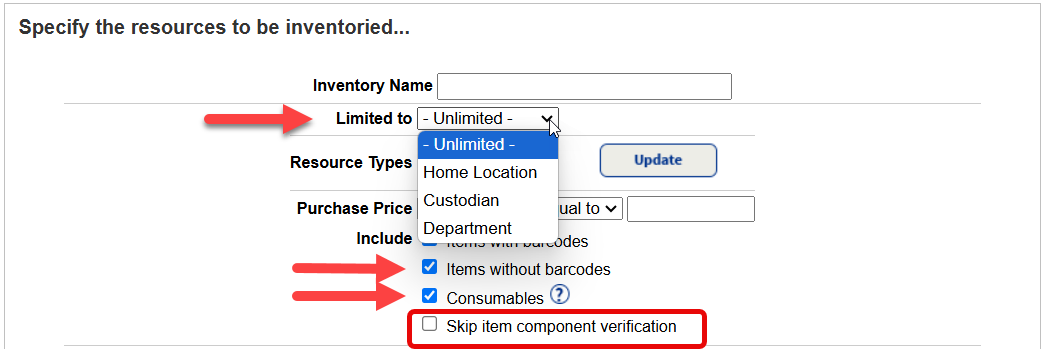 Start an inventory page with Limited to and Include options highlighted.